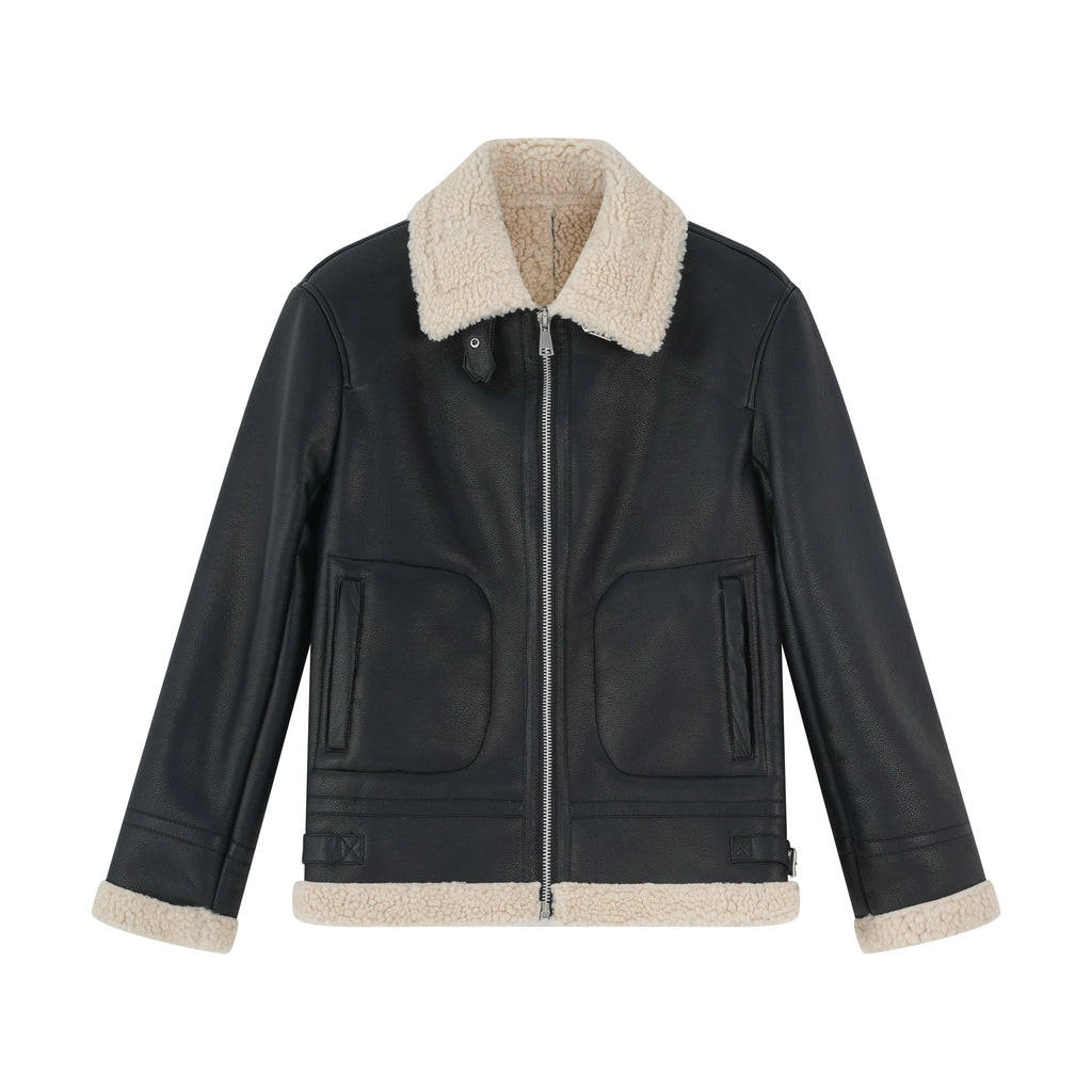 Blouson aviateur homme en simili cuir noir avec col mouton écru bonhomme