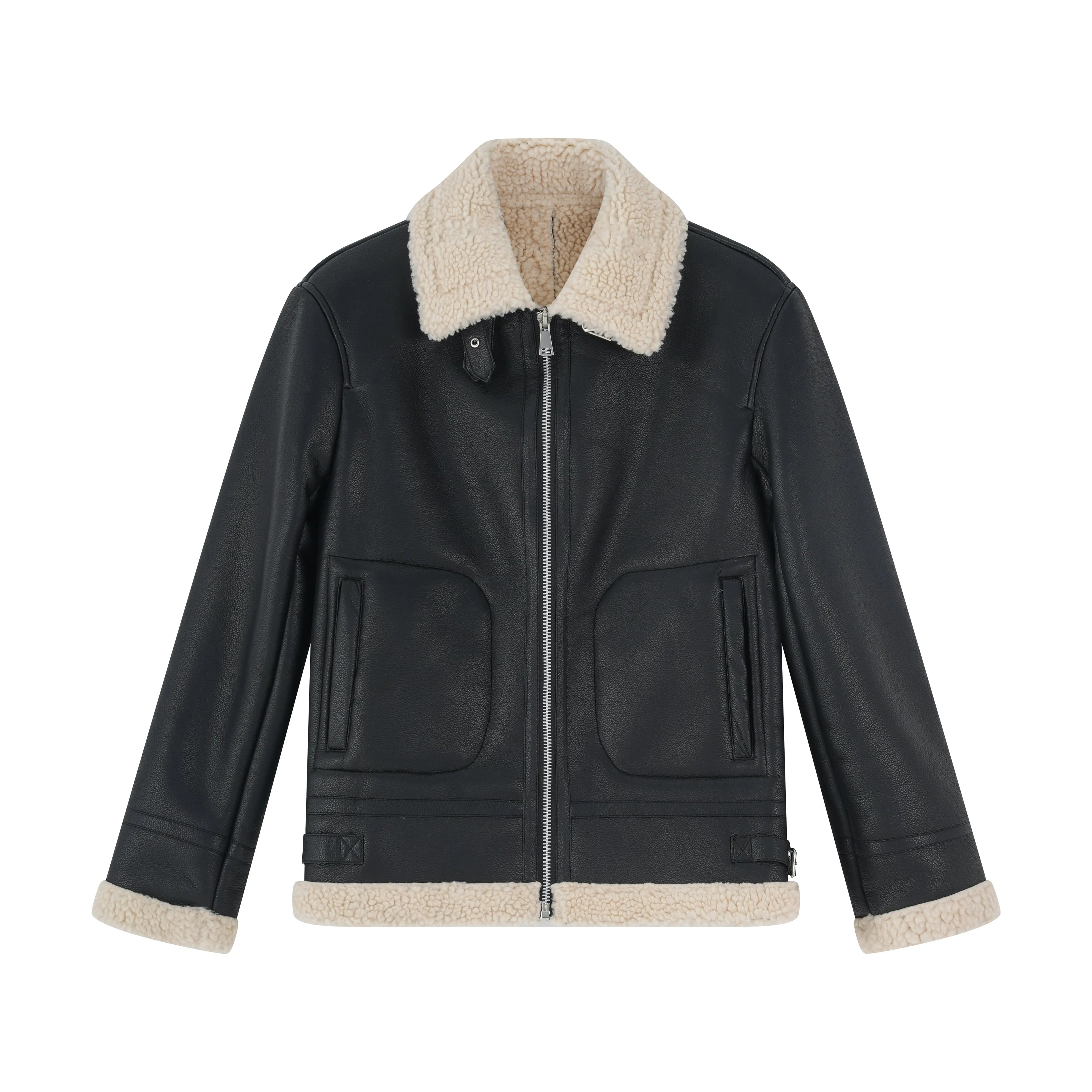 Blouson aviateur homme en simili cuir noir avec col mouton écru bonhomme