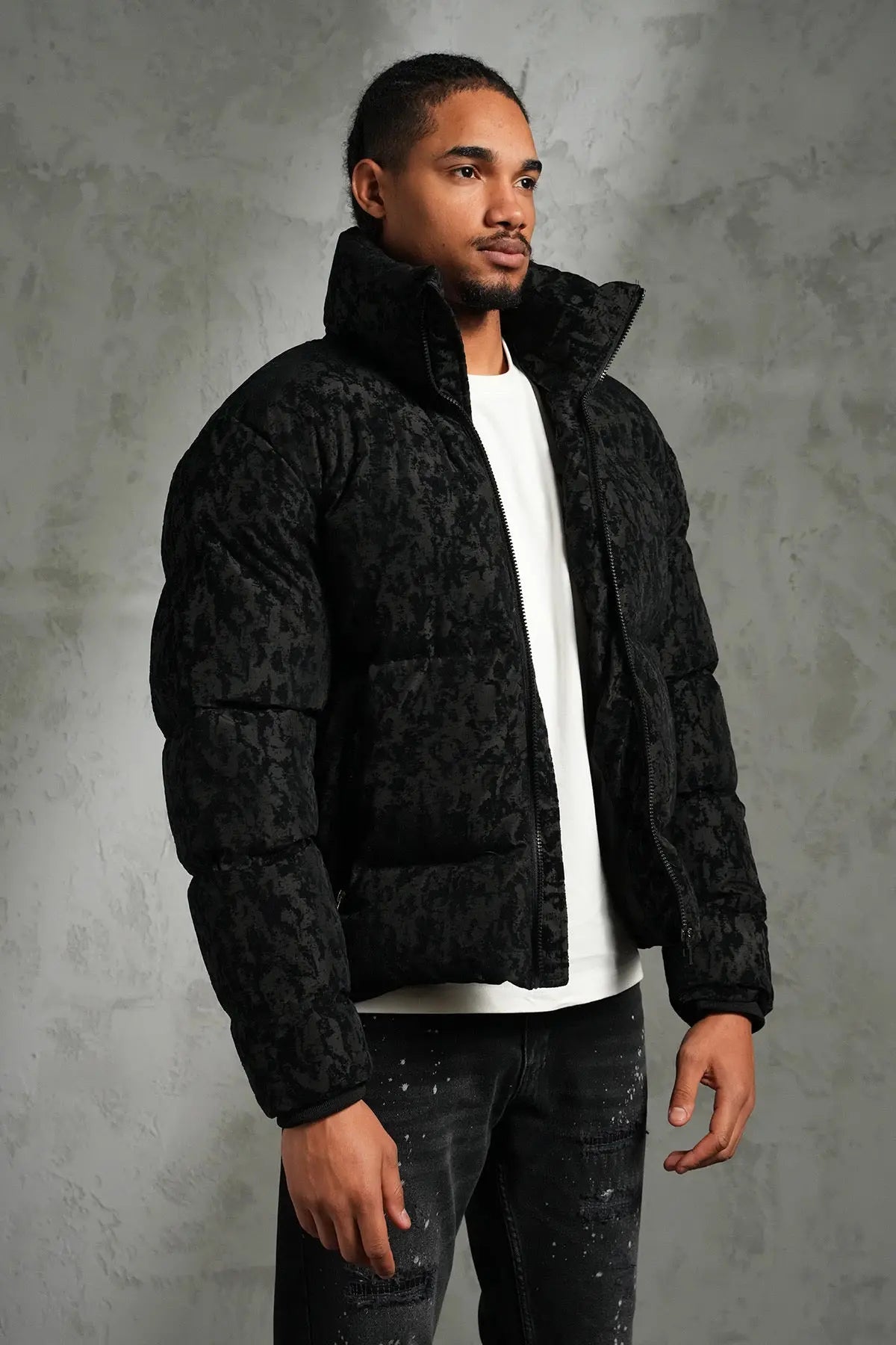 Doudoune Noir Brillante simili daim bonhomme