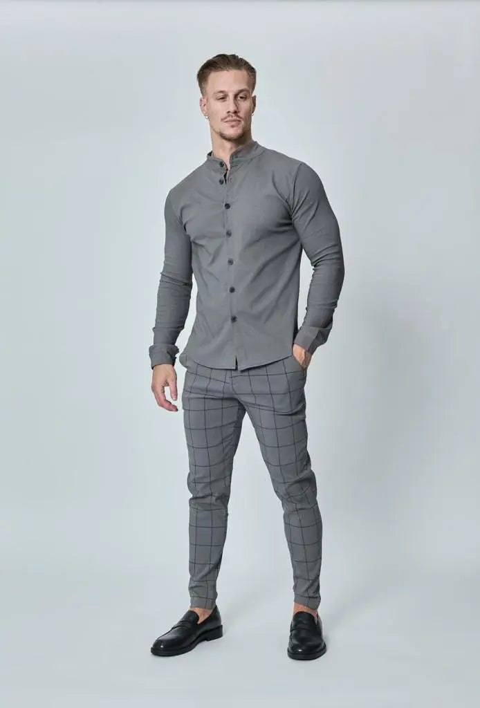 Chemise slim à boutons gris col mao bonhomme