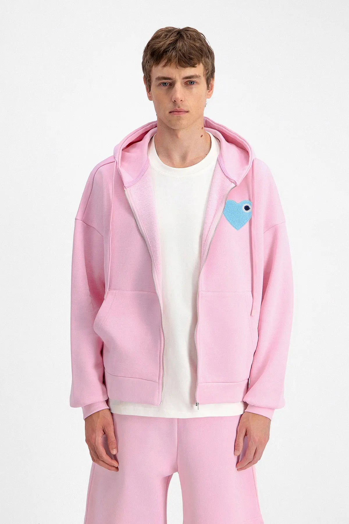 Veste à Capuche Rose Coeur Bleu Brodé Streetwear bonhomme