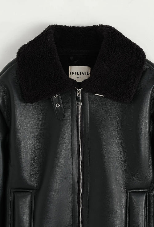 Blouson aviateur noir col sherpa homme bonhomme