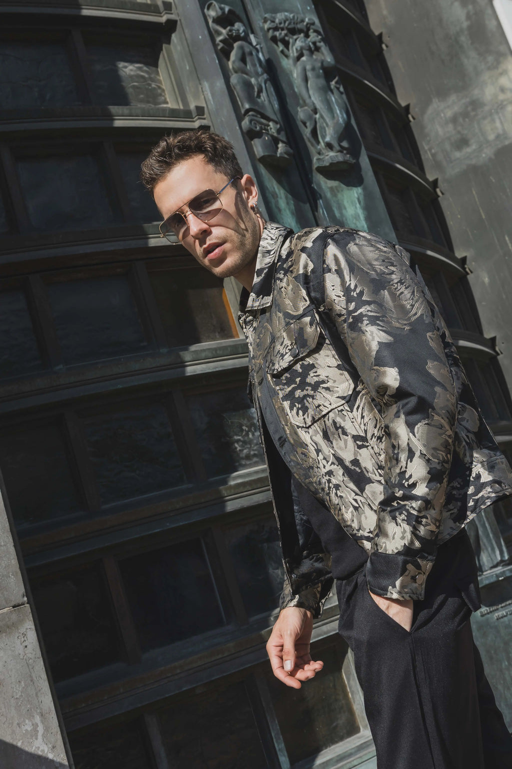 Veste en jean beige doré imprimé floral homme bonhomme