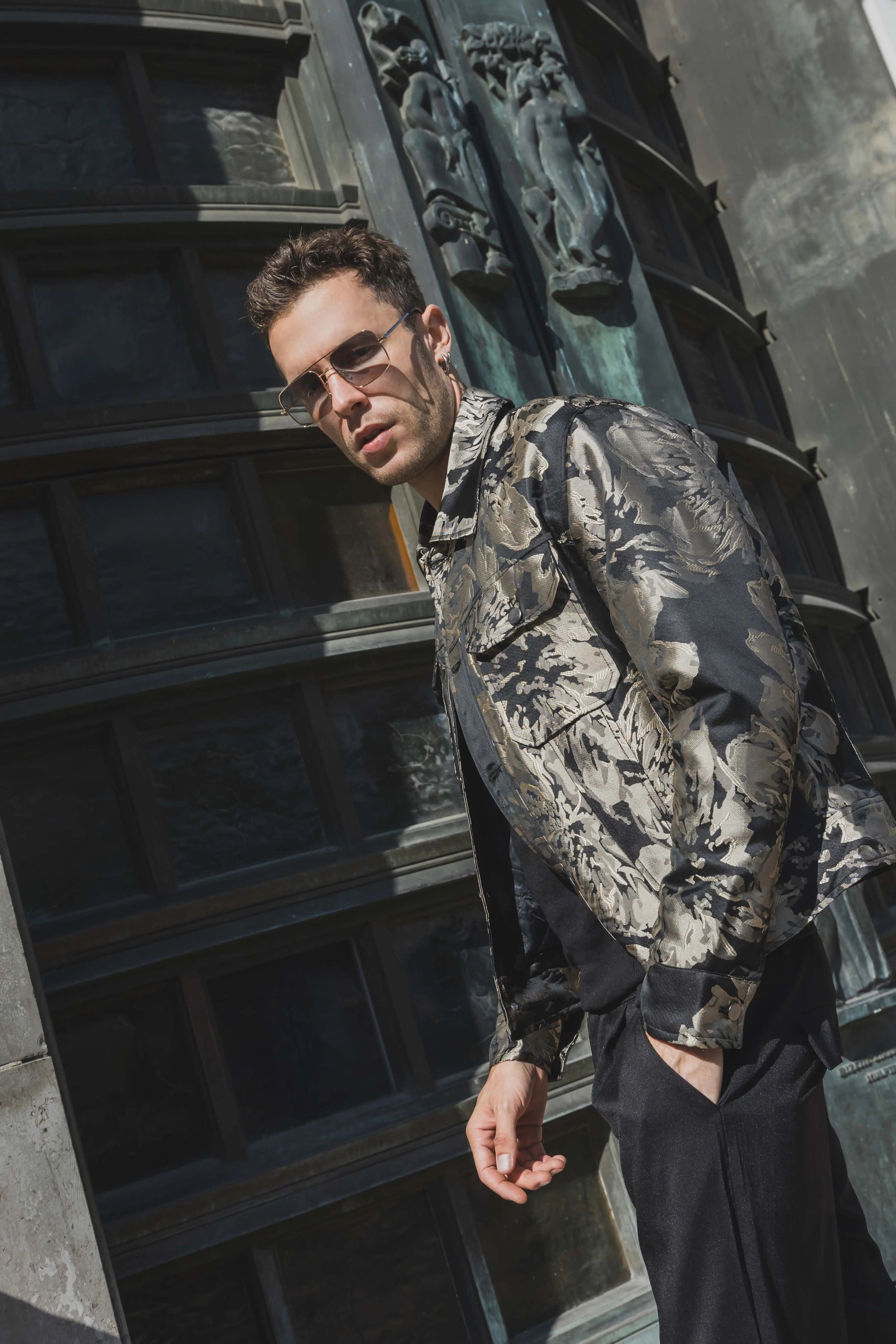 Veste en jean beige doré imprimé floral homme bonhomme