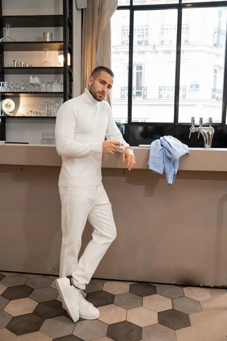 Pull col Roulé Homme Blanc bonhomme