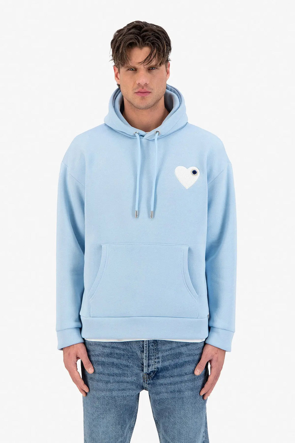Sweat Capuche Bleu Ciel avec Coeur Blanc bonhomme