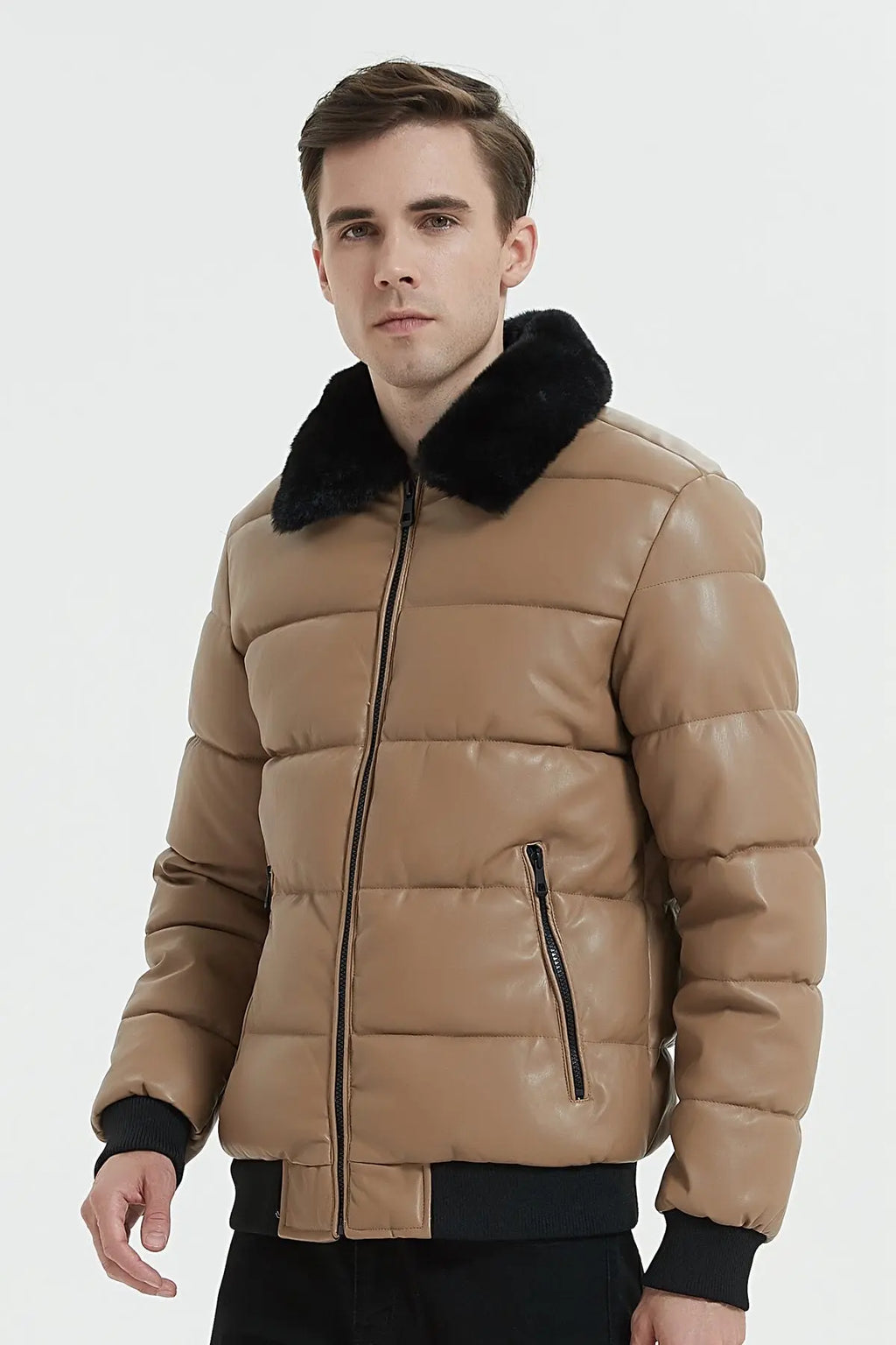 Doudoune en similicuir avec col en fourrure bonhomme