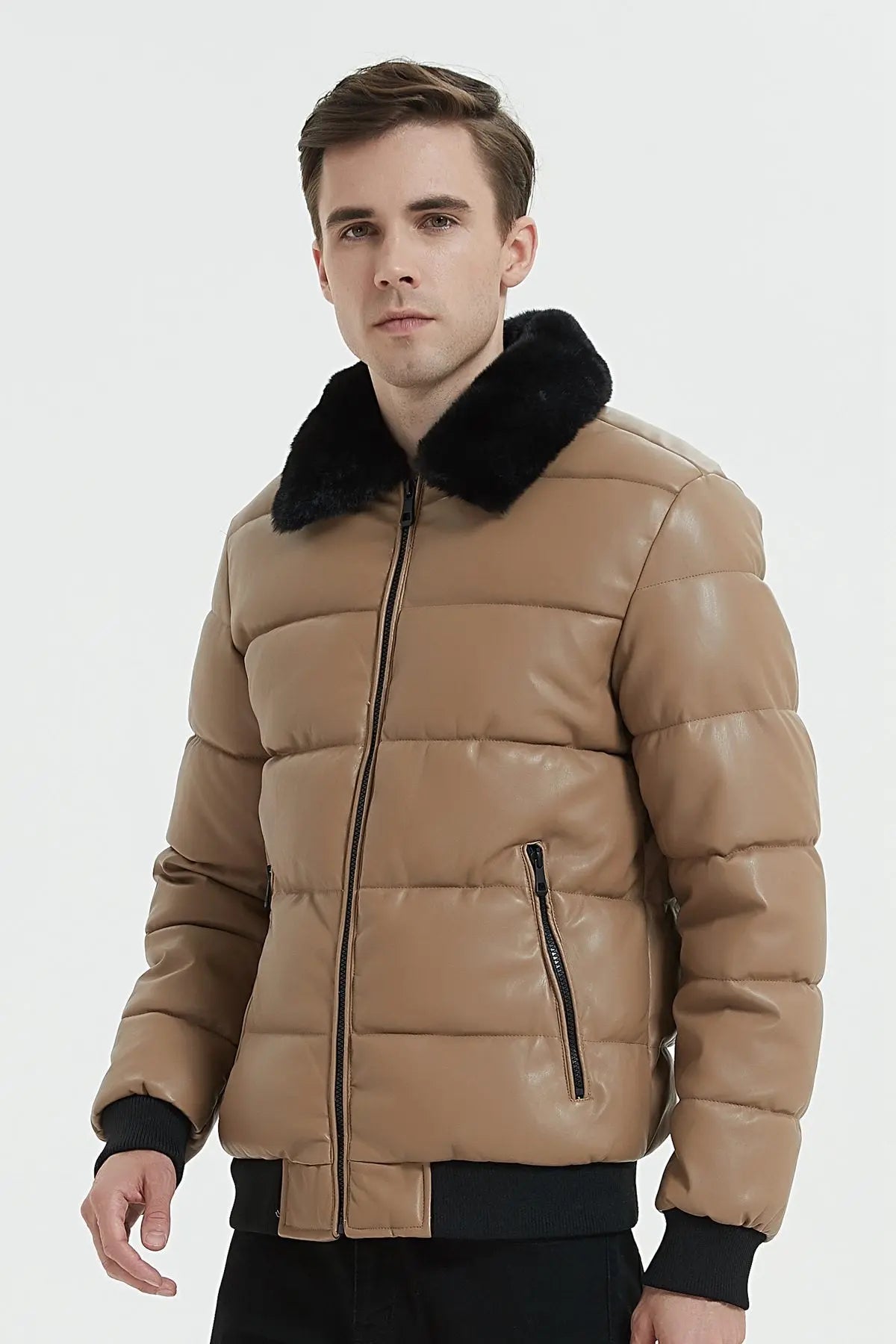 Doudoune en similicuir avec col en fourrure bonhomme