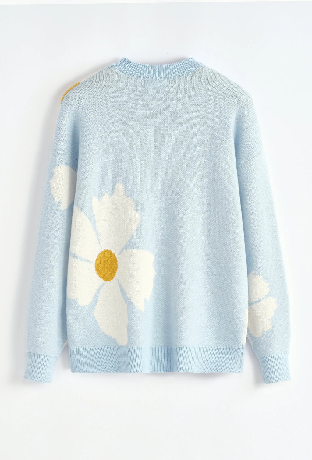Pull bleu ciel à fleurs blanches bonhomme