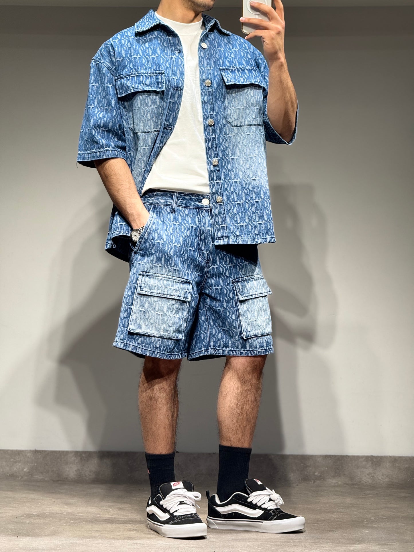 Ensemble En Jeans Chemise et Short Bleu Poches