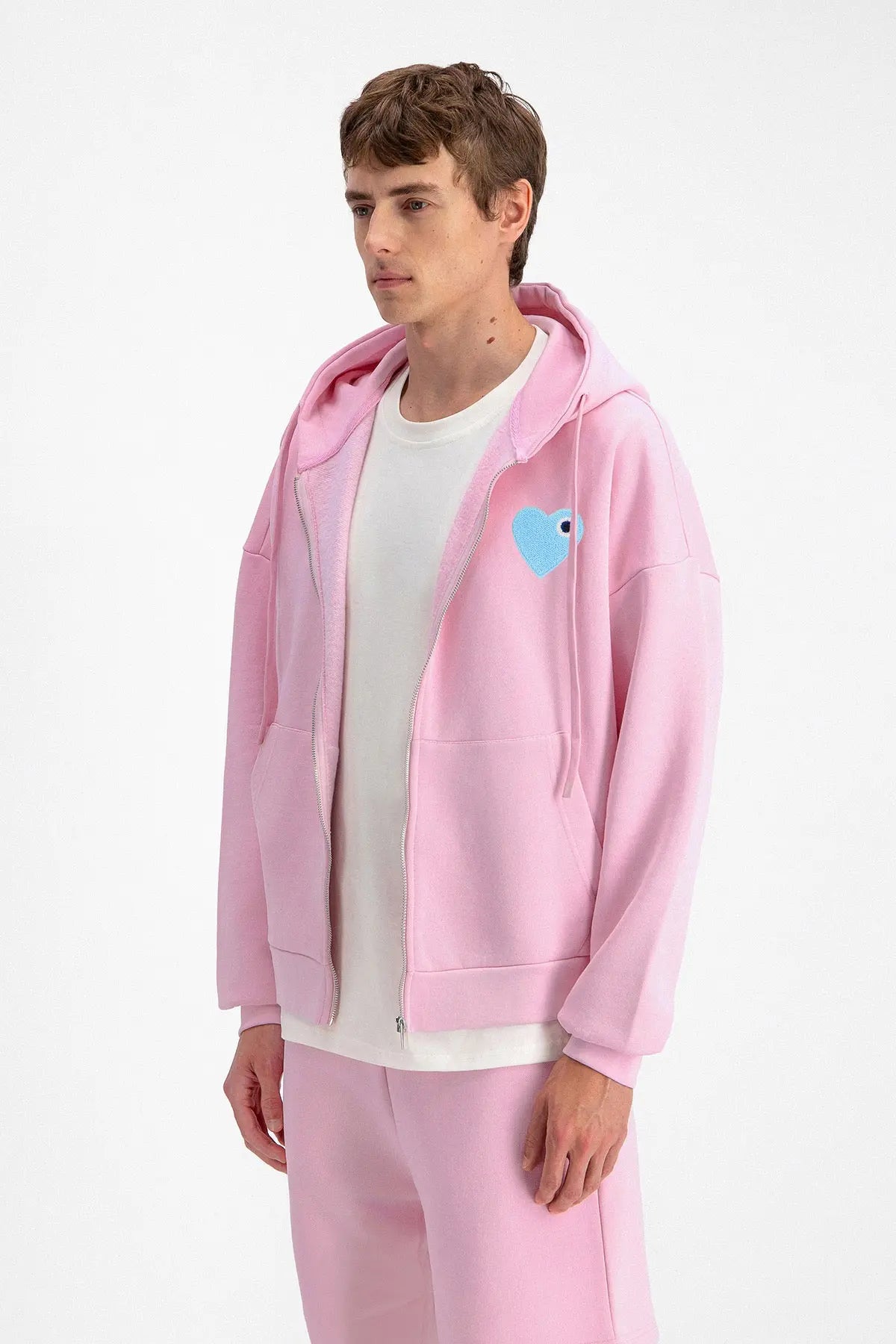 Veste à Capuche Rose Coeur Bleu Brodé Streetwear bonhomme