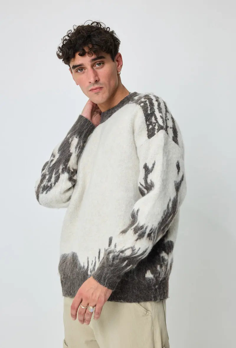Pull Homme Beige Gris motifs bonhomme