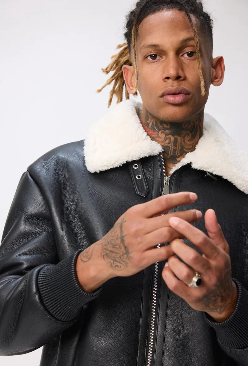 Blouson aviateur noir col sherpa beige homme bonhomme