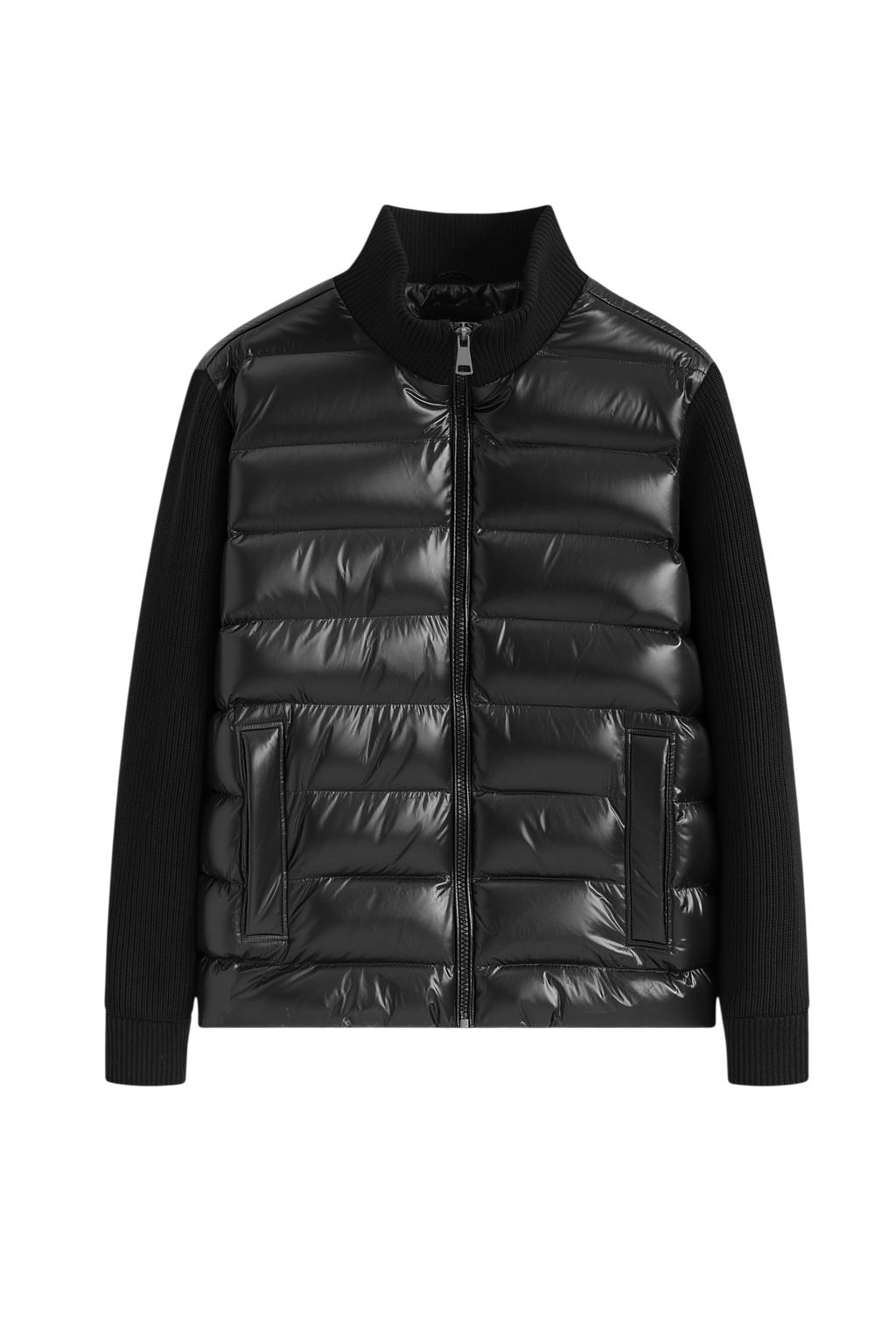 Veste bi-matière noire bonhomme avec buste matelassé brillant et manches en maille côtelée, col montant zippé.