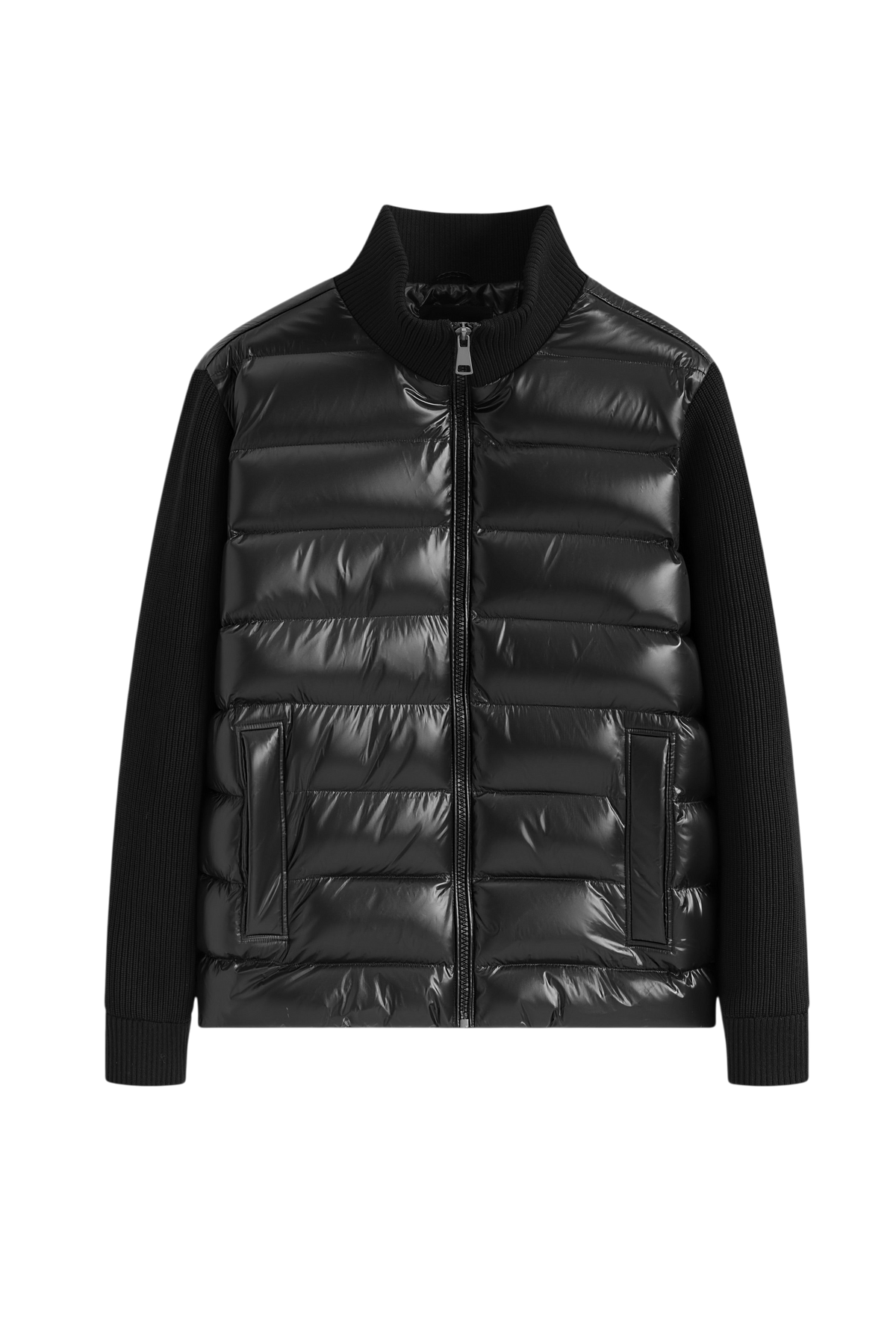 Veste bi-matière noire bonhomme avec buste matelassé brillant et manches en maille côtelée, col montant zippé.