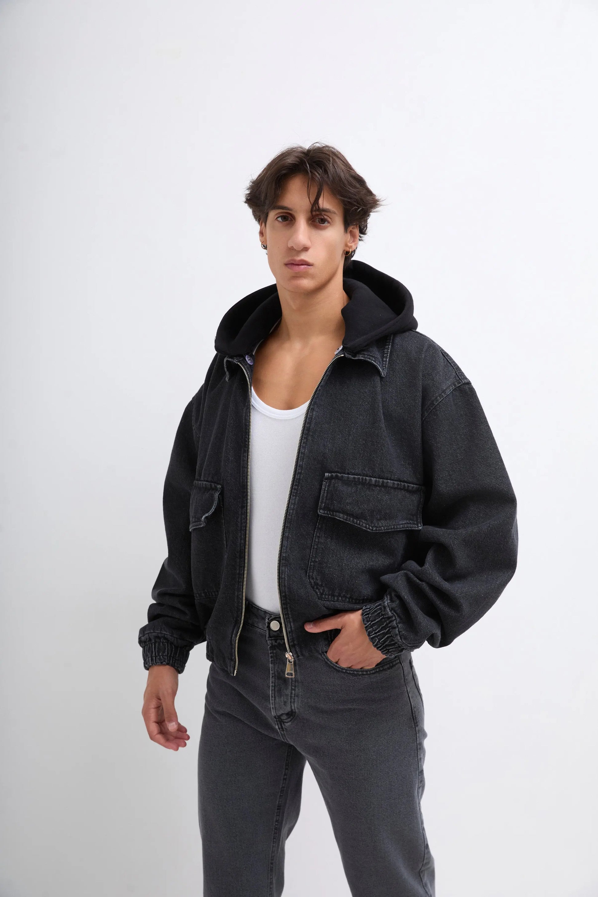 Veste Jean Noir Capuche Noir Veste En Jeans à Capuche Veste Jean à