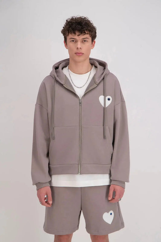 Veste Gris Coeur Blanc avec capuche et fermeture Zip bonhomme