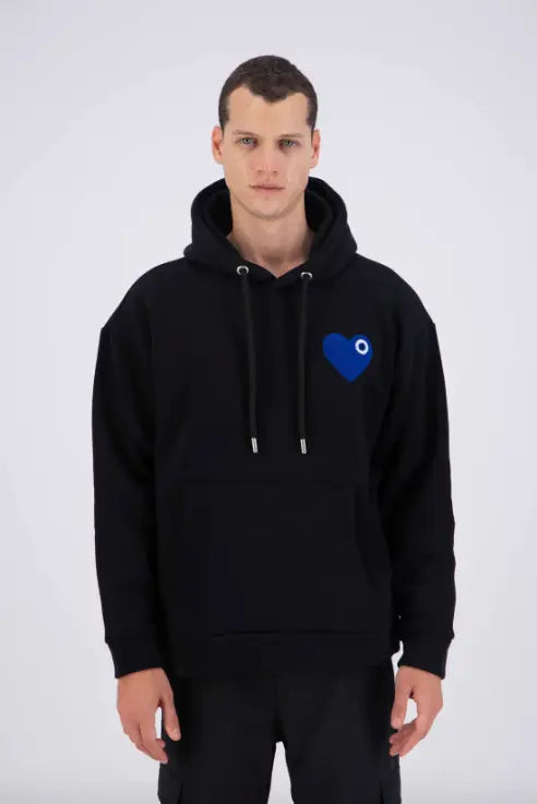 Sweat à Capuche noir avec Motif Cœur bleu royal Homme bonhomme