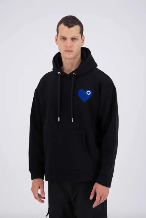 Sweat à Capuche noir avec Motif Cœur bleu royal Homme bonhomme