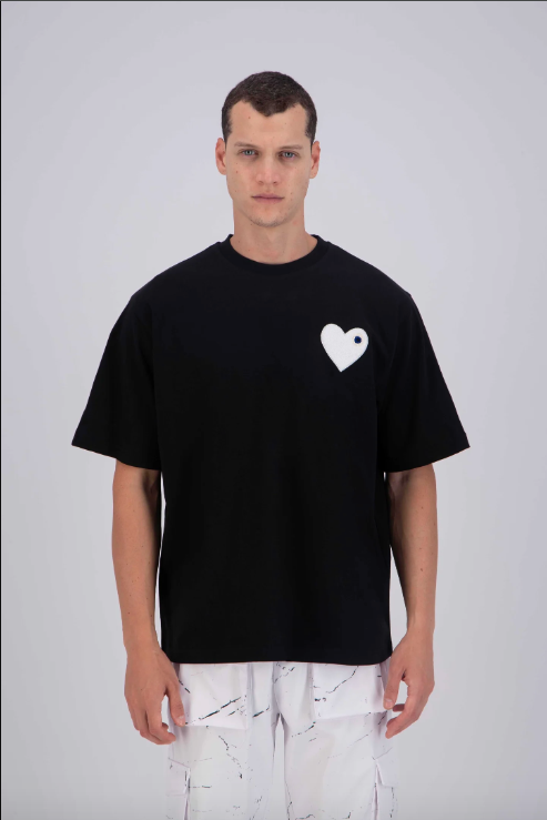 Tee shirt beige Noir avec motif Coeur Blanc Homme