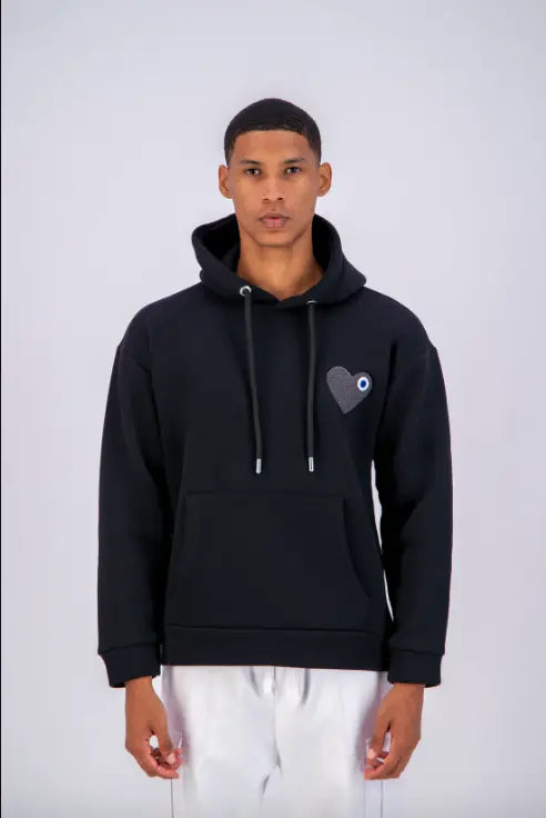 Sweat capuche Noir avec cœur Gris - bonhomme
