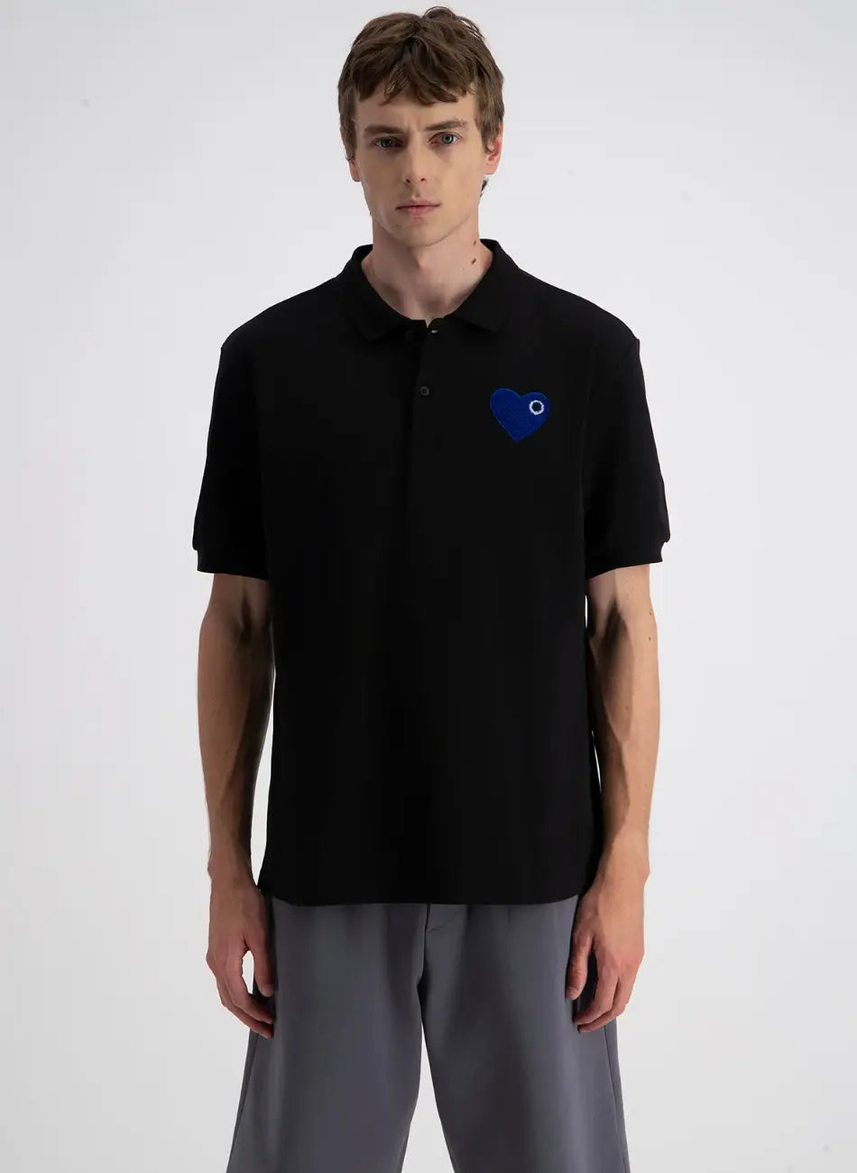 Polo Noir Coeur Bleu Royal - bonhomme
