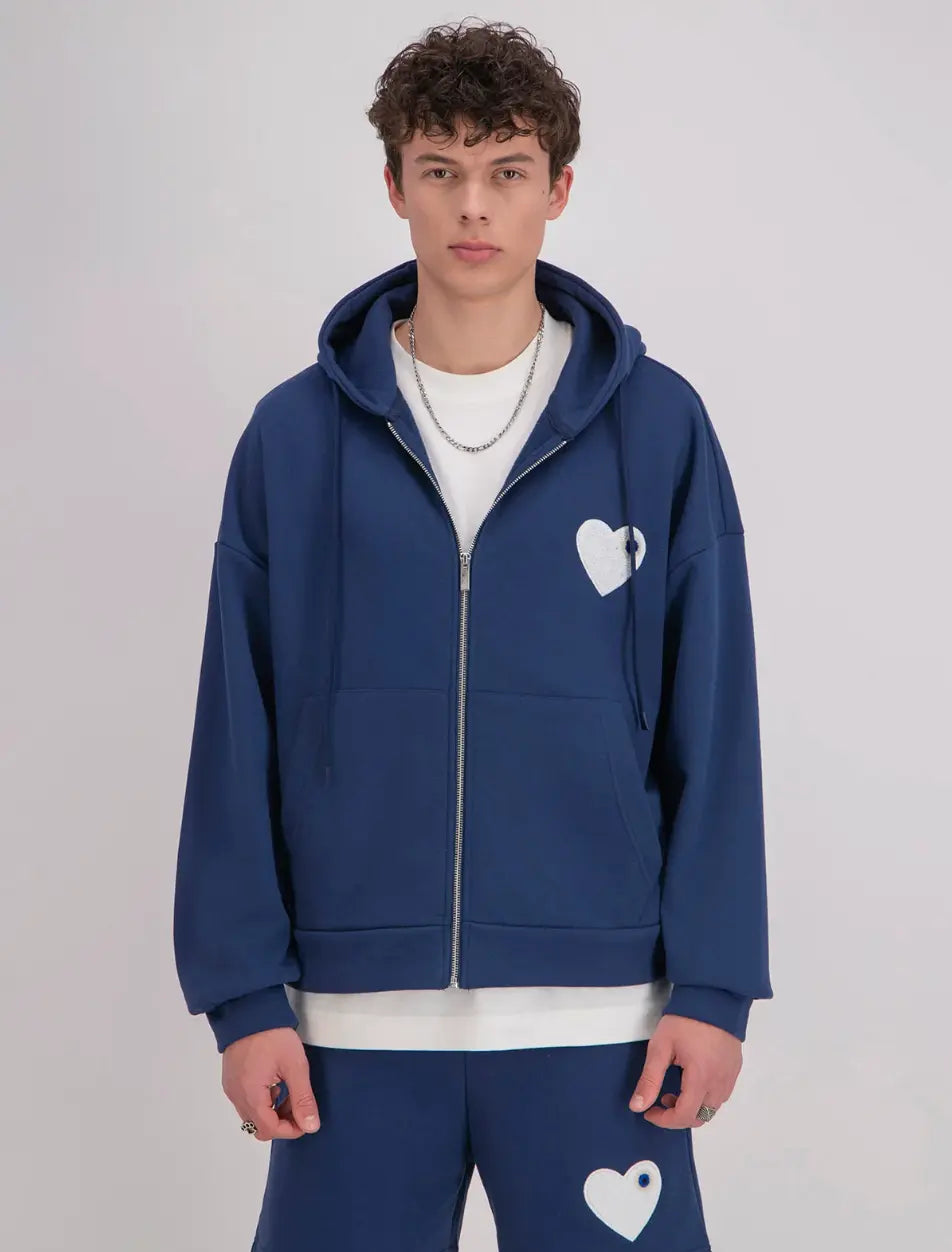 Veste gris Coeur blanc avec capuche et fermeture Zip bonhomme