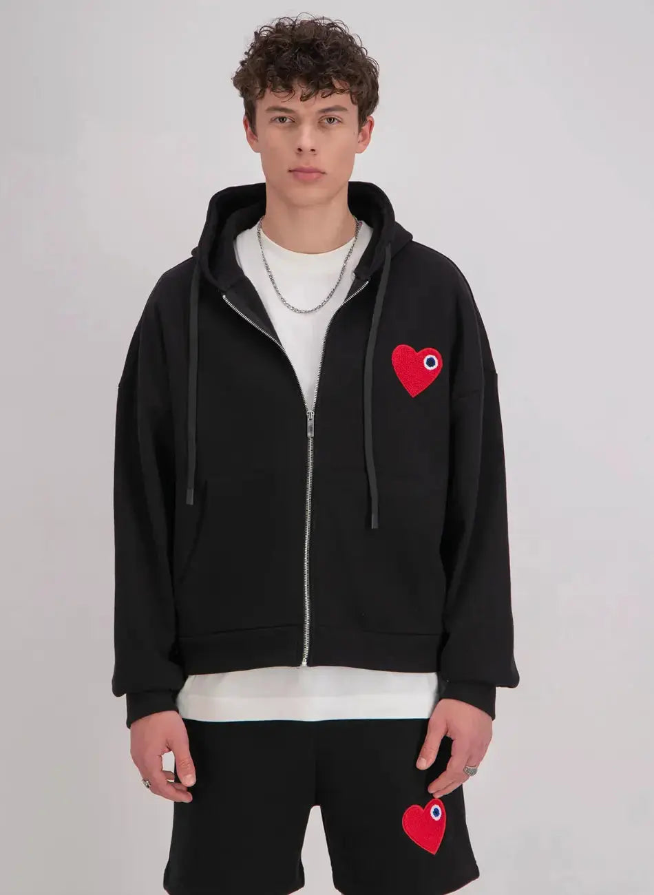 Veste noir Coeur Rouge avec capuche et fermeture Zip bonhomme