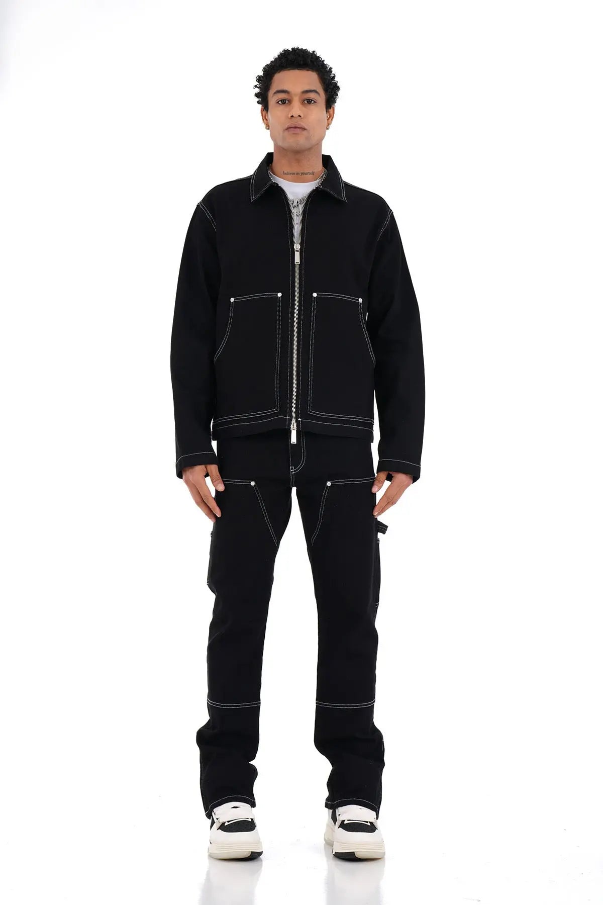 Ensemble Carpenter Noir – Veste à Gros Zip & Jean Flare 100% Coton bonhomme