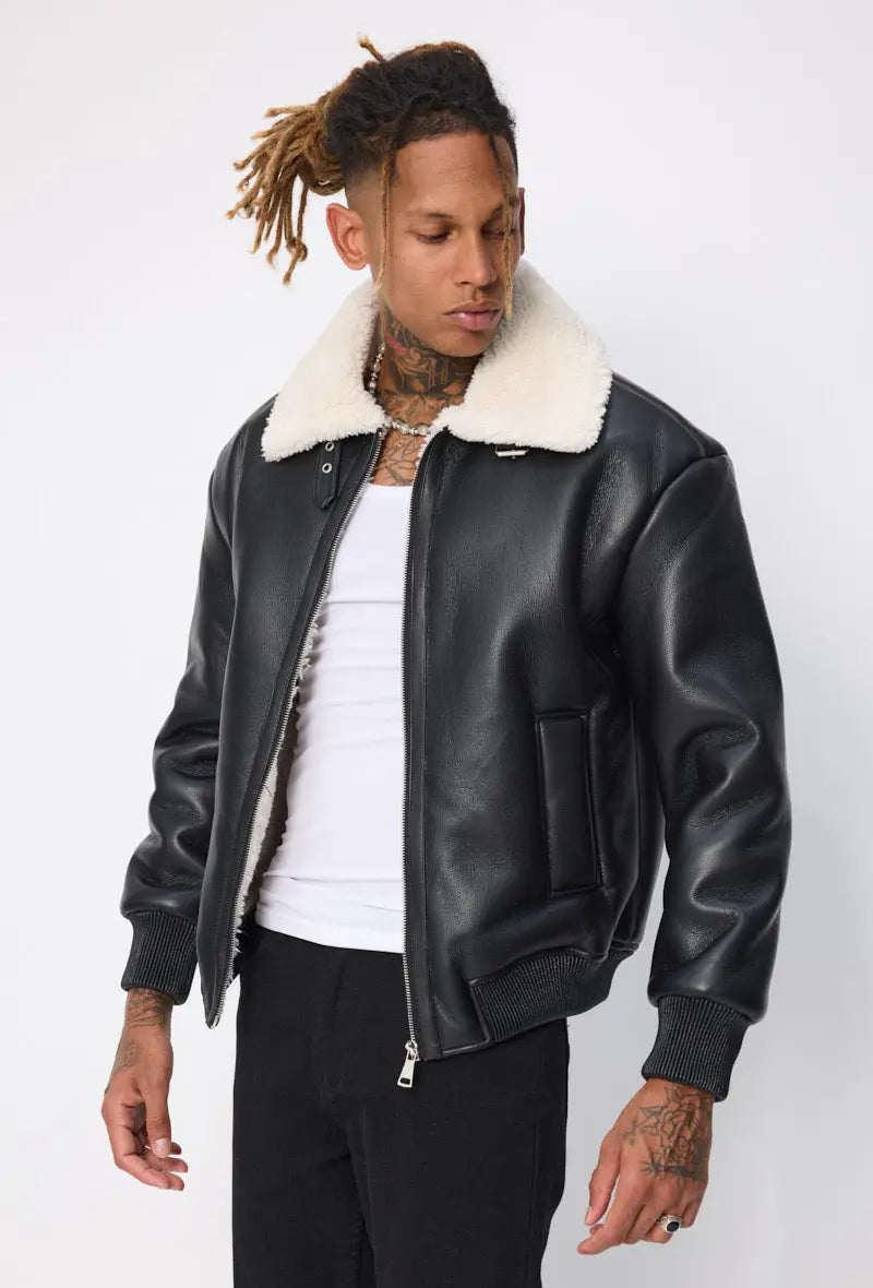 Blouson aviateur noir col sherpa beige homme bonhomme