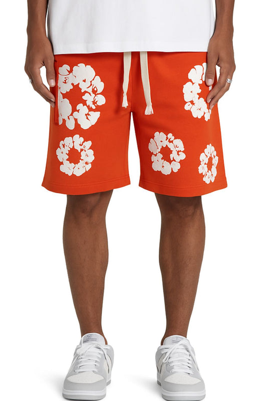 Short Molleton Fleuri Orange Blanc