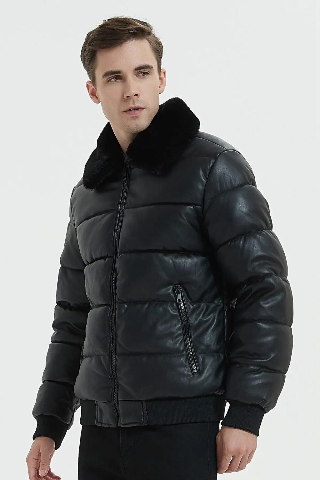 Doudoune en similicuir avec col en fourrure bonhomme