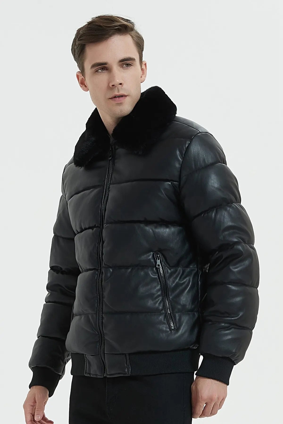 Doudoune en similicuir avec col en fourrure bonhomme