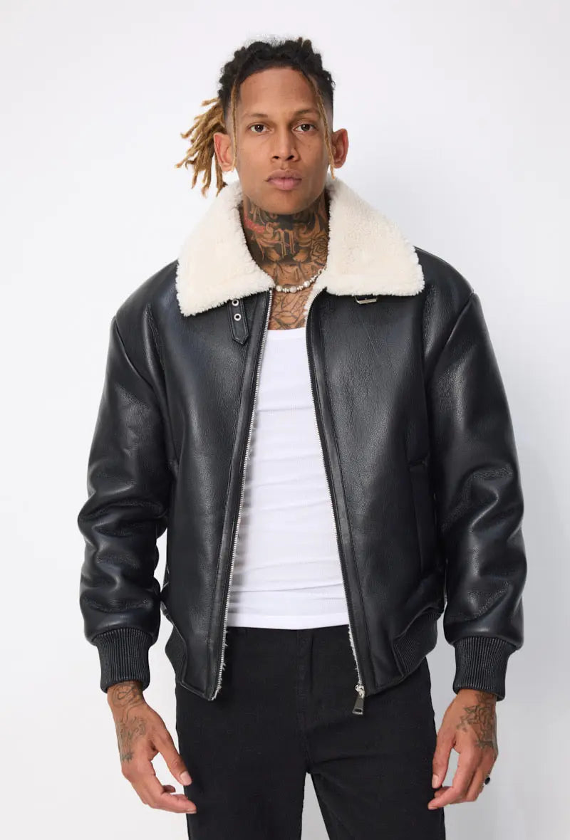 Blouson aviateur noir col sherpa beige homme bonhomme