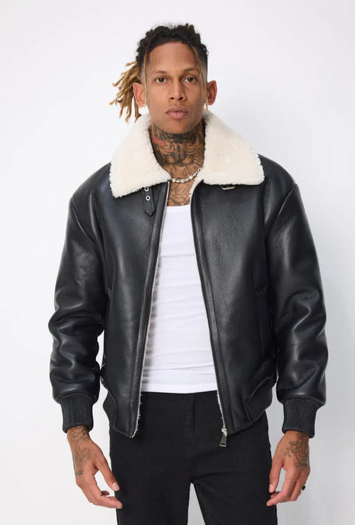 Blouson aviateur noir col sherpa beige homme bonhomme
