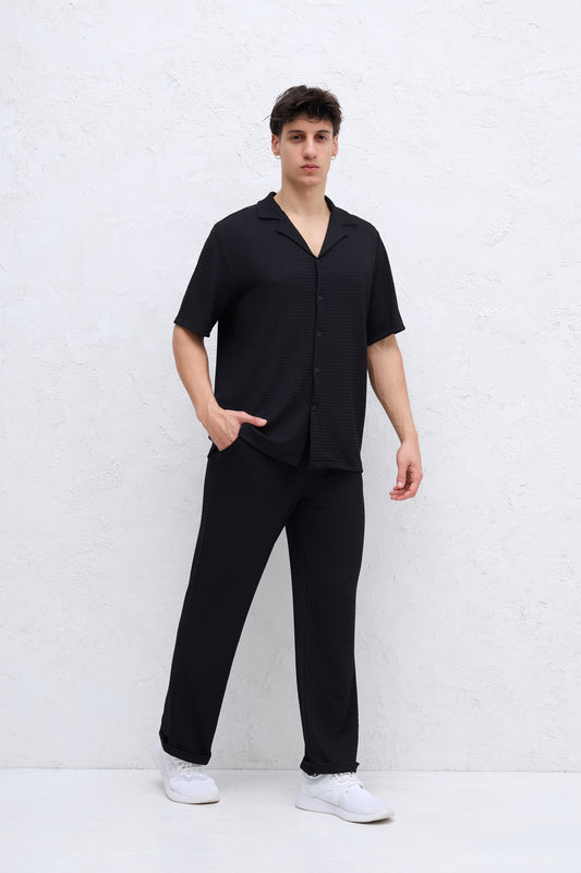 Ensemble Noir Chemise et Pantalon Gauffré