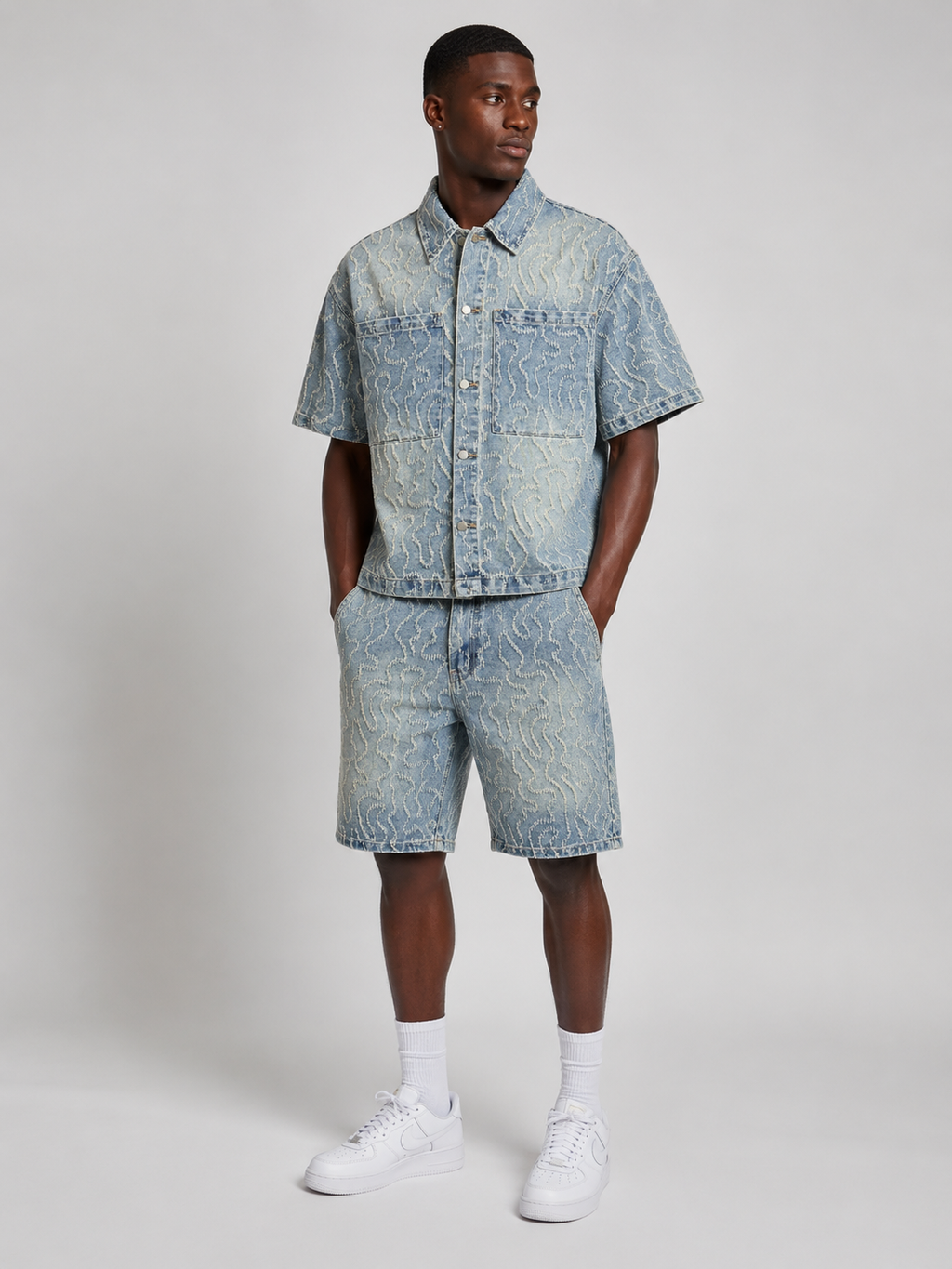 Ensemble Chemise &amp; Short en Denim Texturé – 100 % Coton