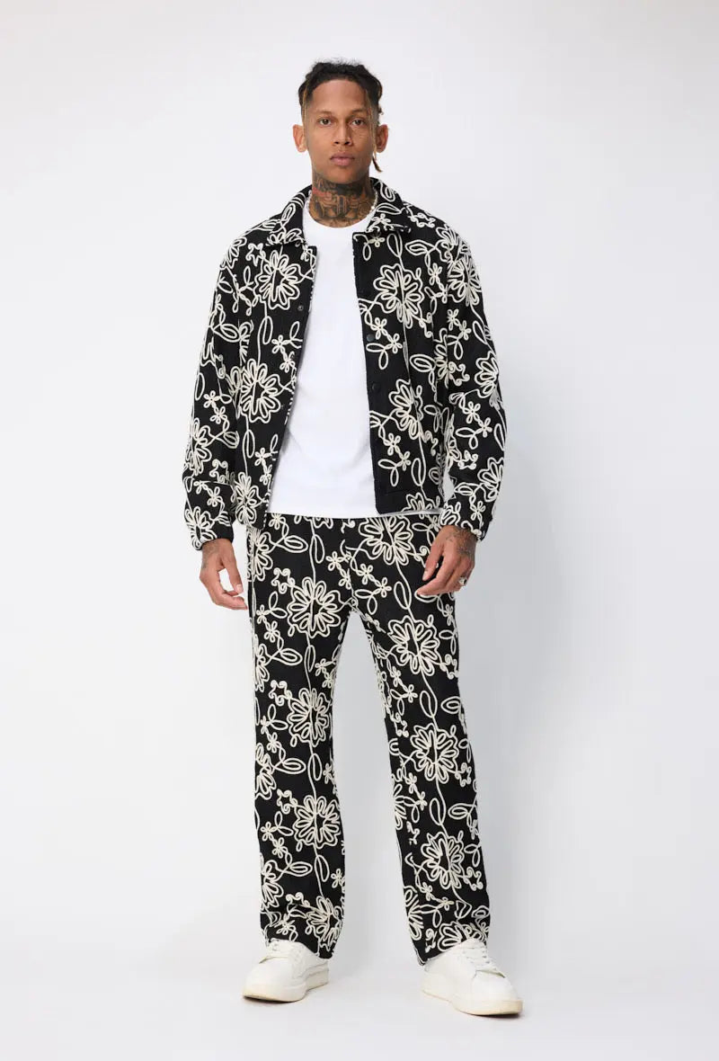 Ensemble Homme Noir Motifs Floraux – Veste & Pantalon bonhomme