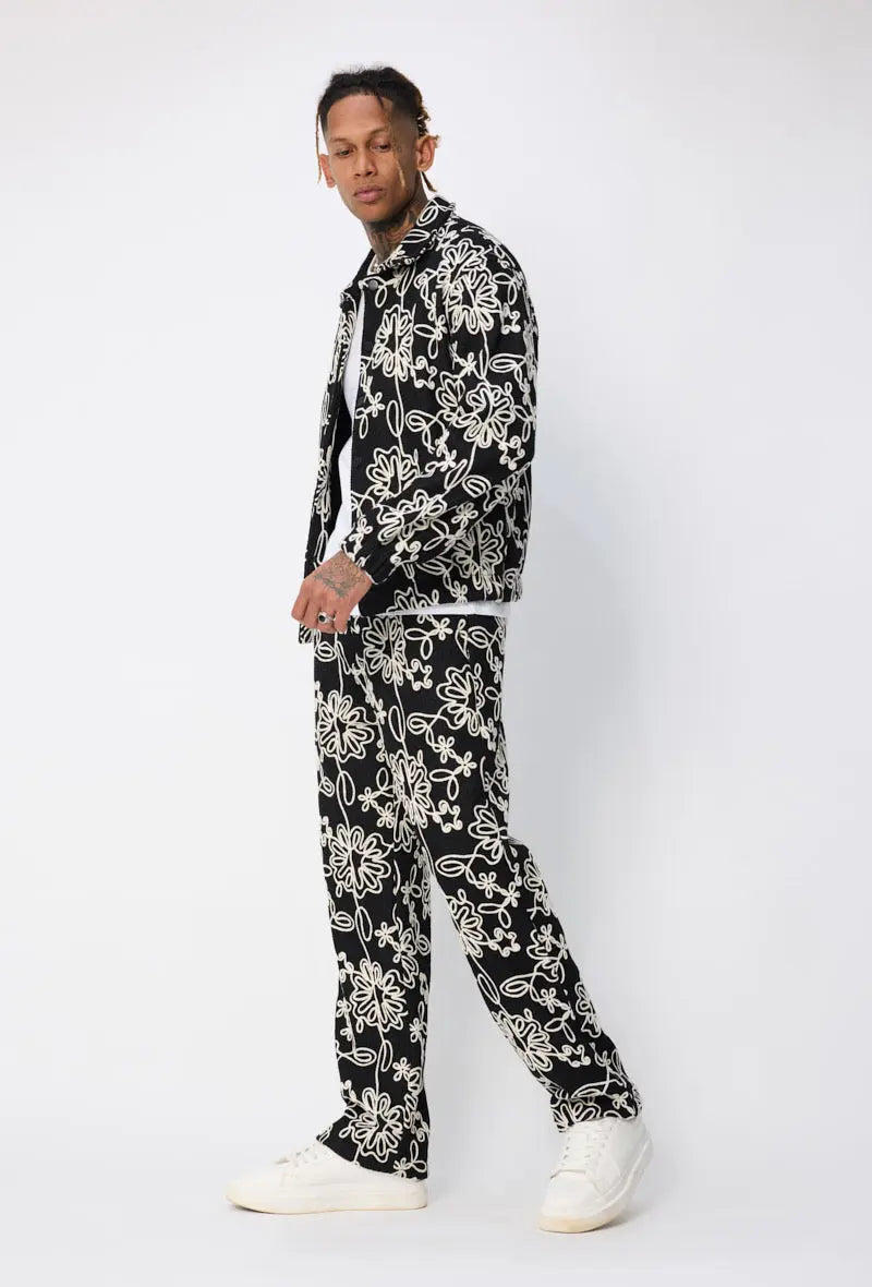 Ensemble Homme Noir Motifs Floraux – Veste & Pantalon bonhomme