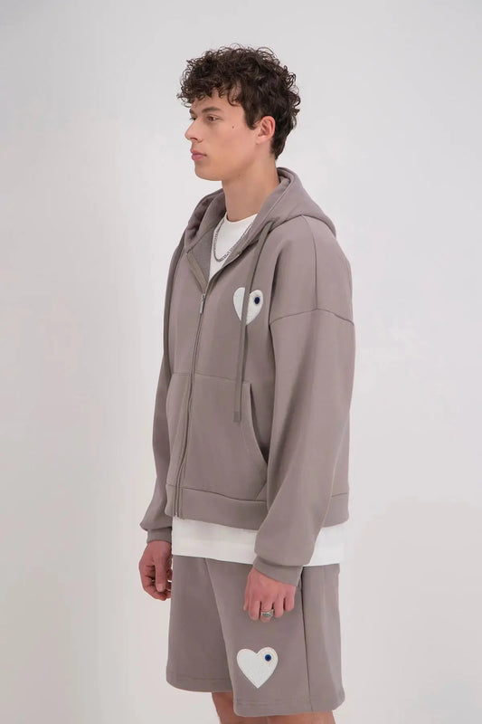 Veste Gris Coeur Blanc avec capuche et fermeture Zip bonhomme