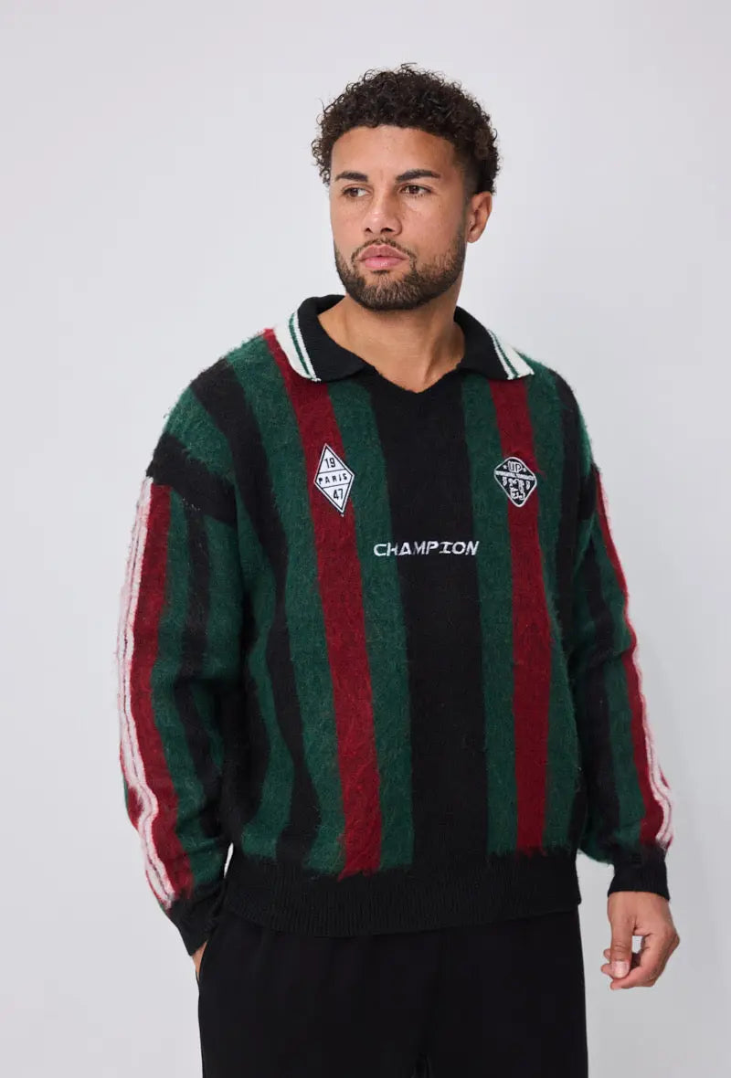 Pull Homme Rayé Rouge Vert Noir – Style Champion bonhomme