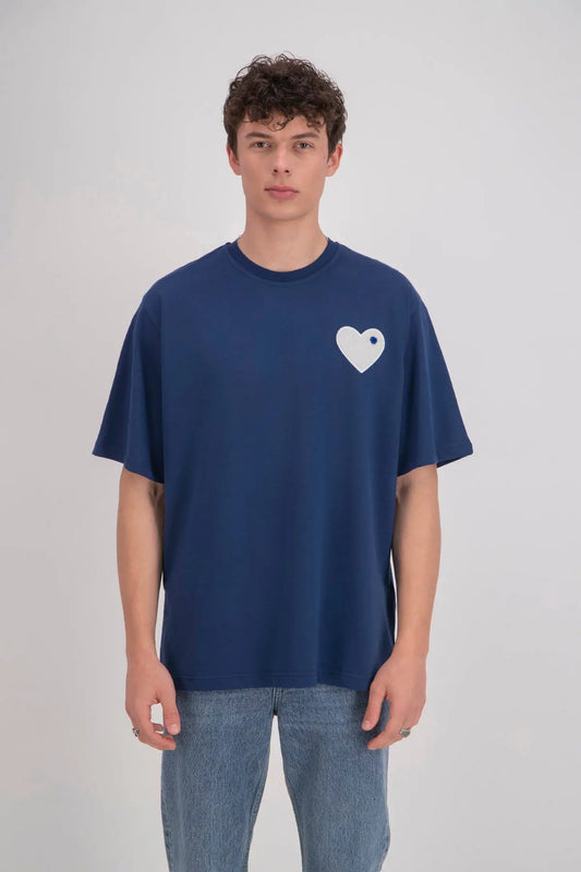 Tee shirt Marine avec motif Coeur blanc bonhomme