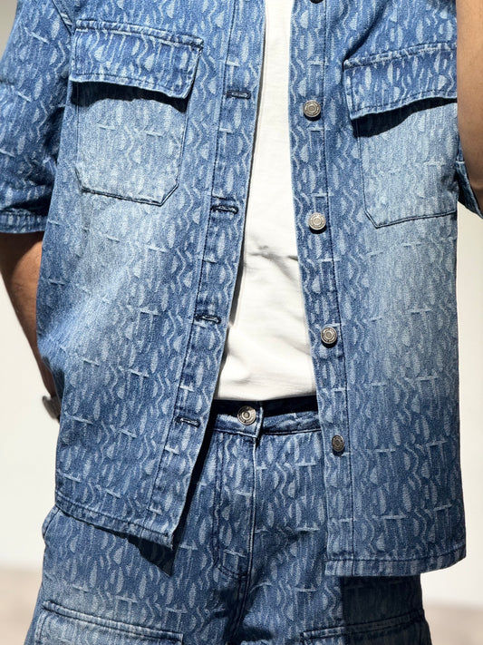 Ensemble En Jeans Chemise et Short Bleu Poches
