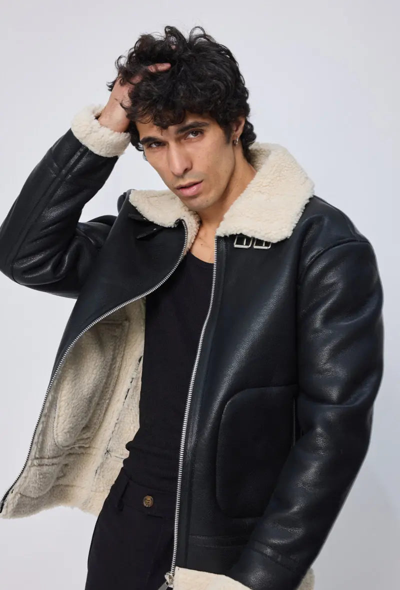 Blouson aviateur homme en simili cuir noir avec col mouton écru bonhomme