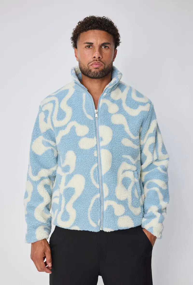 Veste Polaire Beige Bleu Clair à Motifs Ondulés bonhomme