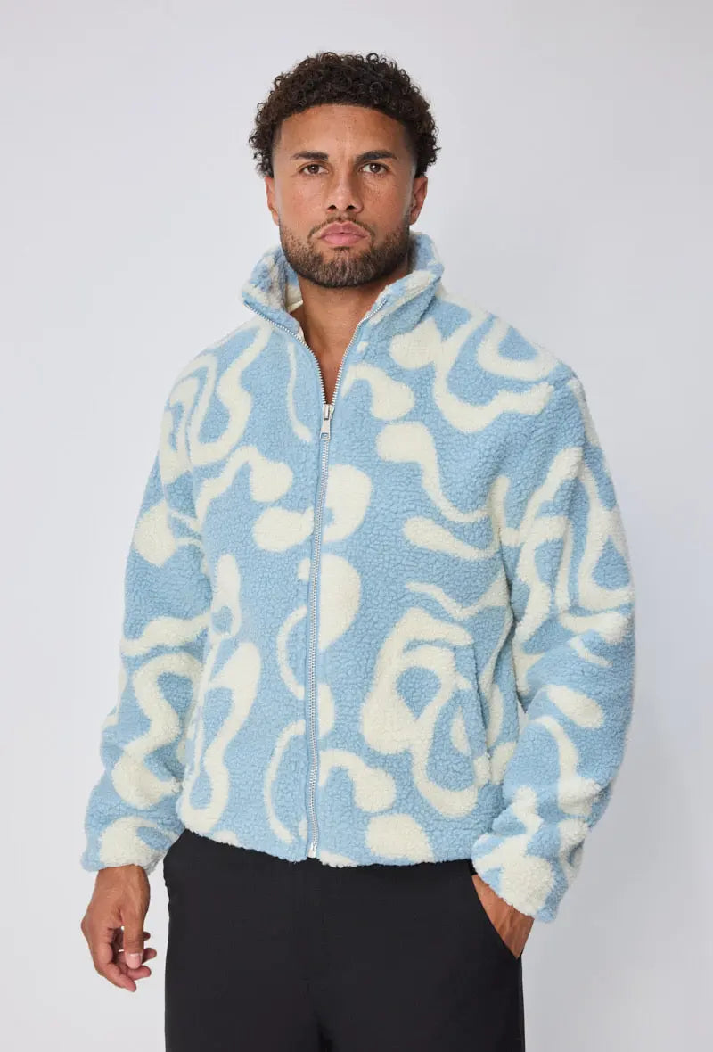 Veste Polaire Beige Bleu Clair à Motifs Ondulés bonhomme