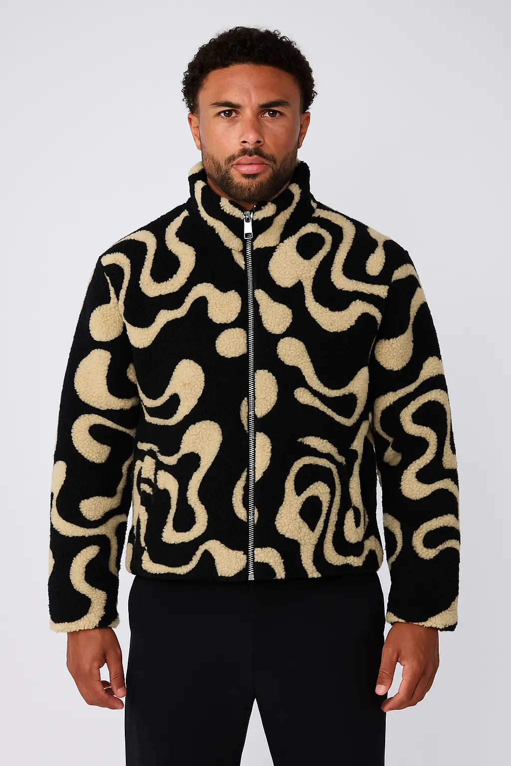 Veste Polaire Noir Beige à Motifs Ondulés bonhomme