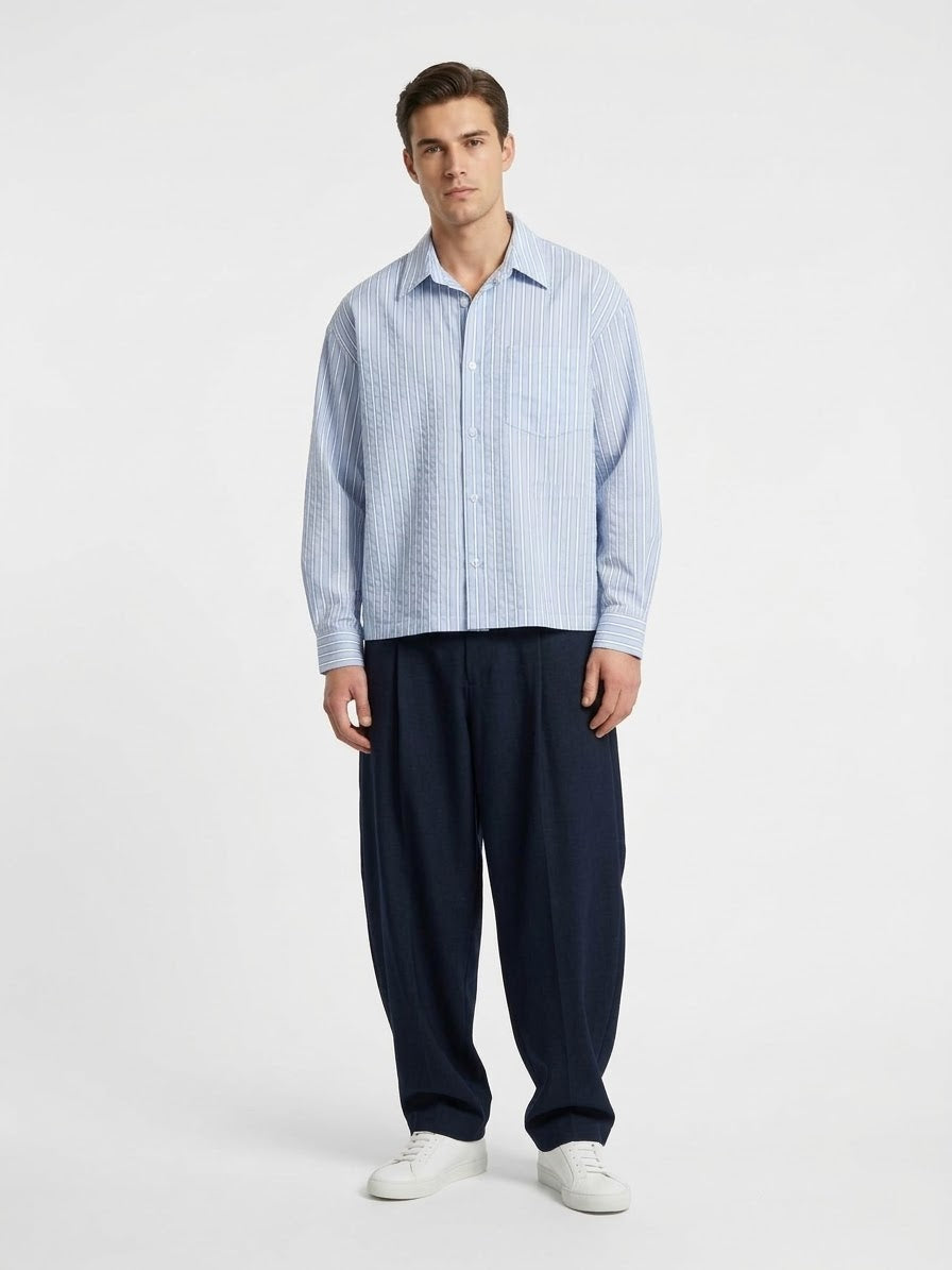 Chemise homme boxy rayée bleu ciel 100 % coton