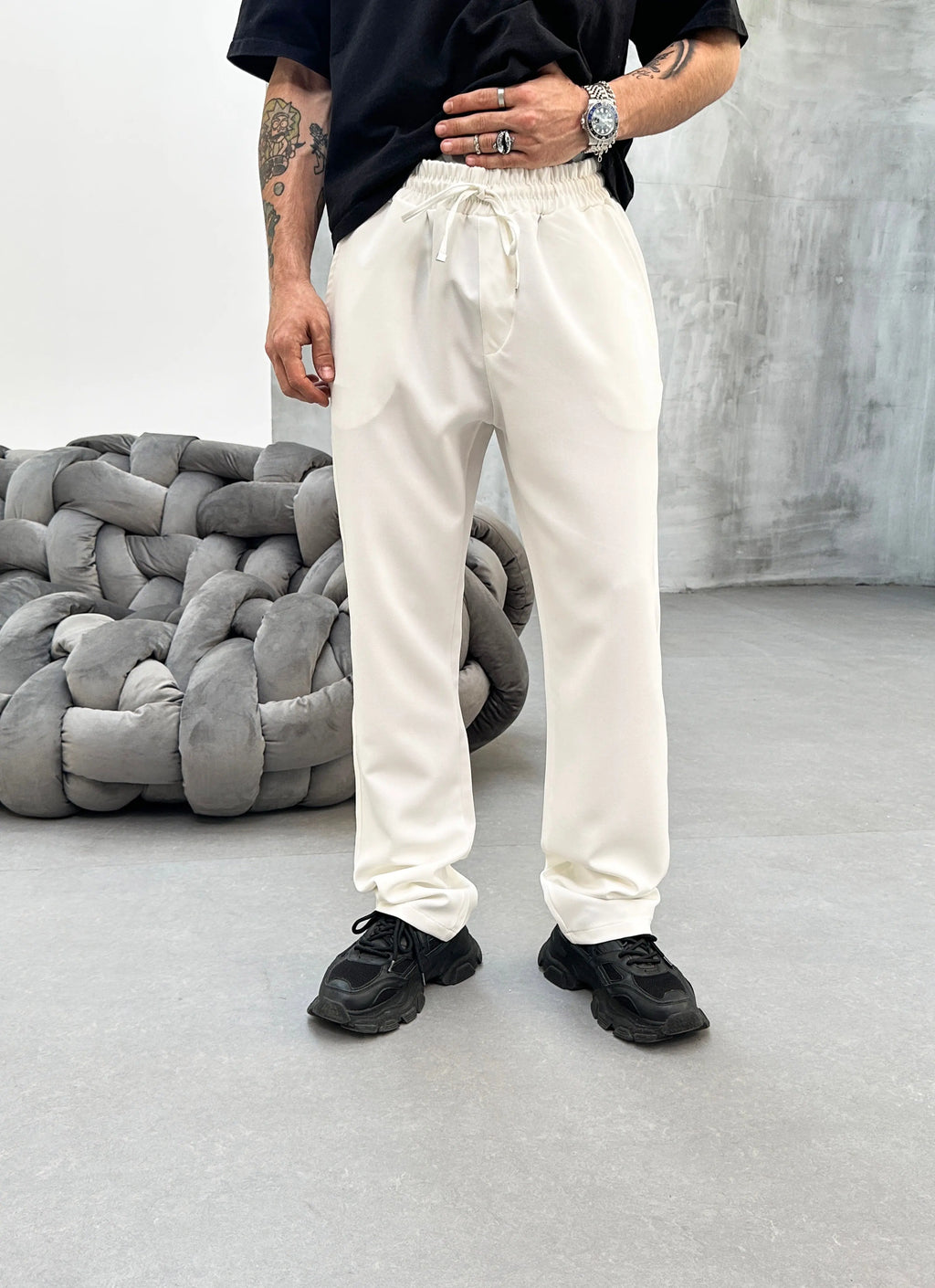 Pantalon Jogging Blanc Coupe droite et Large bonhomme