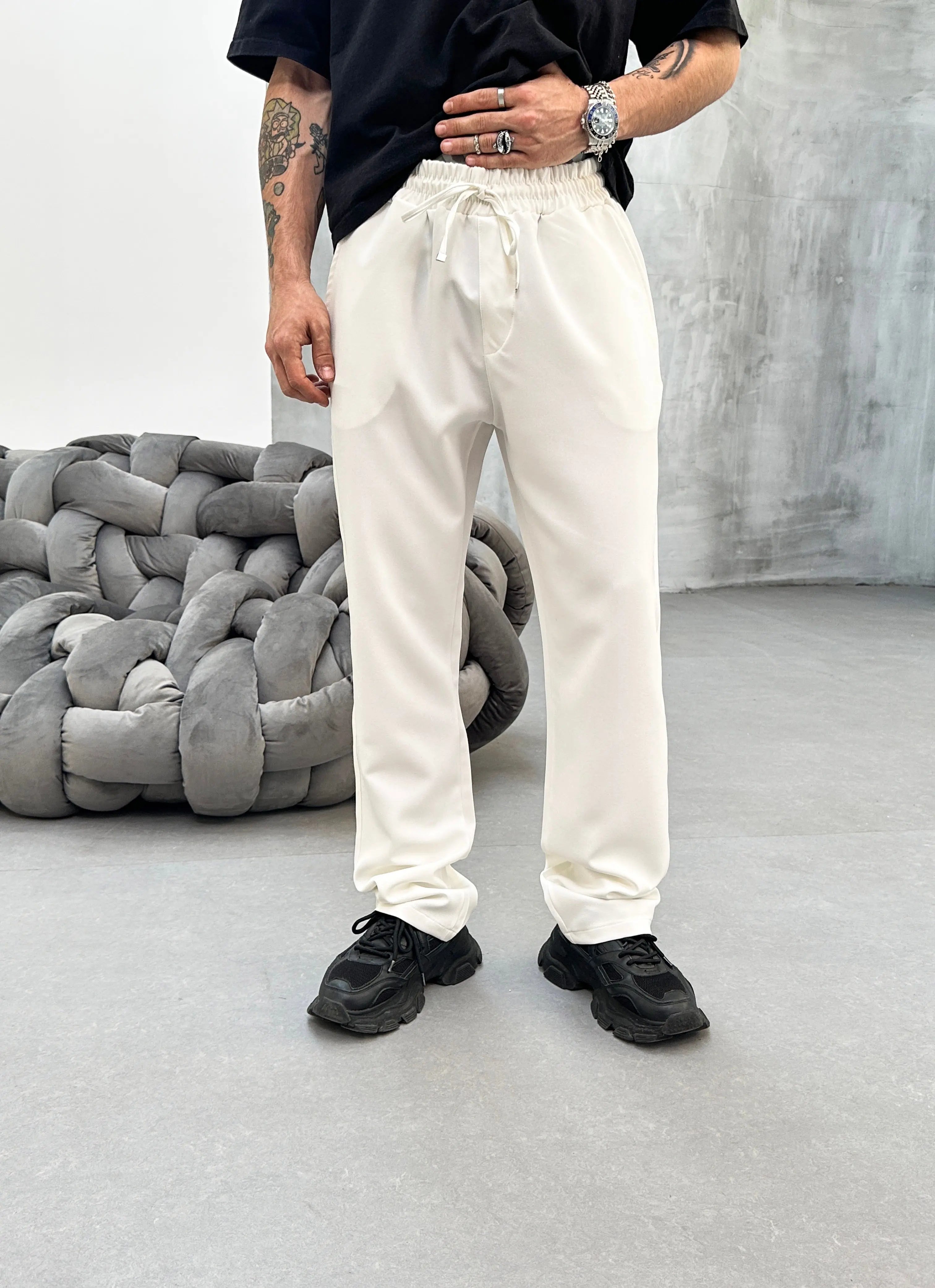 Pantalon Jogging Blanc Coupe droite et Large bonhomme